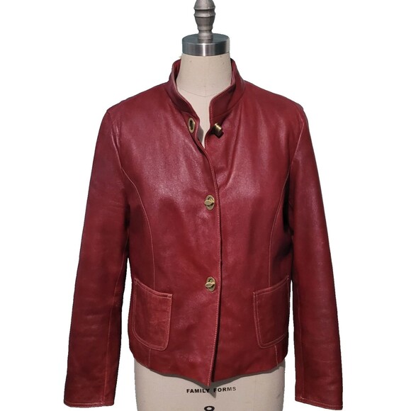 Wilsons Leather Jacket Womens L Red Old Money Moto Biker Bikercore Mock Collar - Picture 1 of 13